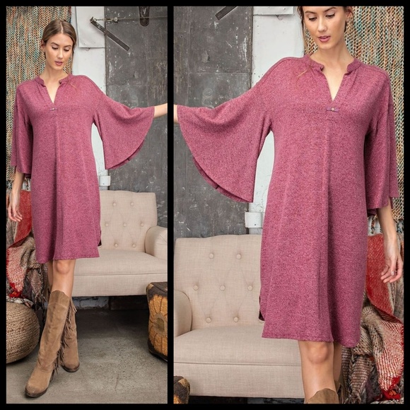 EASEL Hacci Knit Sweater Dress Mandarin Collar V-Neck & Statement Bell Sleeves - Picture 13 of 16